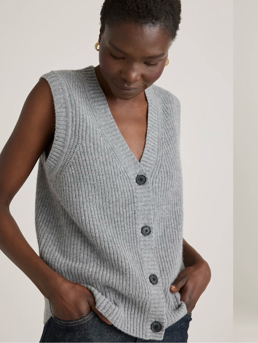 Soft Ribbed Button-Front Knit Vest - Gray